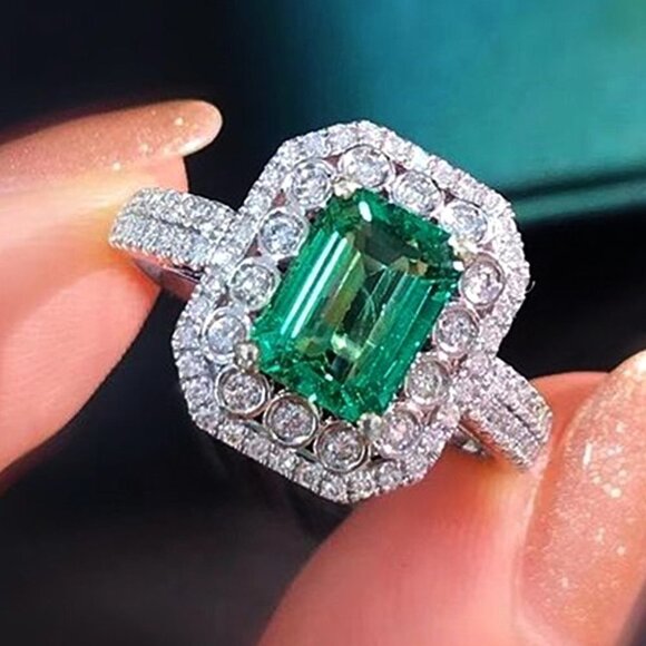 Classy Green Emerald Cut Vintage CZ Wedding Ring, FB16FA1060 - Picture 1 of 5